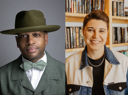 Two photograph portraits: A man wearing a hat and a bow tie, and a person wearing a jacket in a room full of shelves of books.