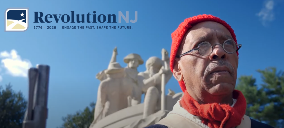 Revolution NJ logo with image of Revolutionary War monument and historical re-enactor.