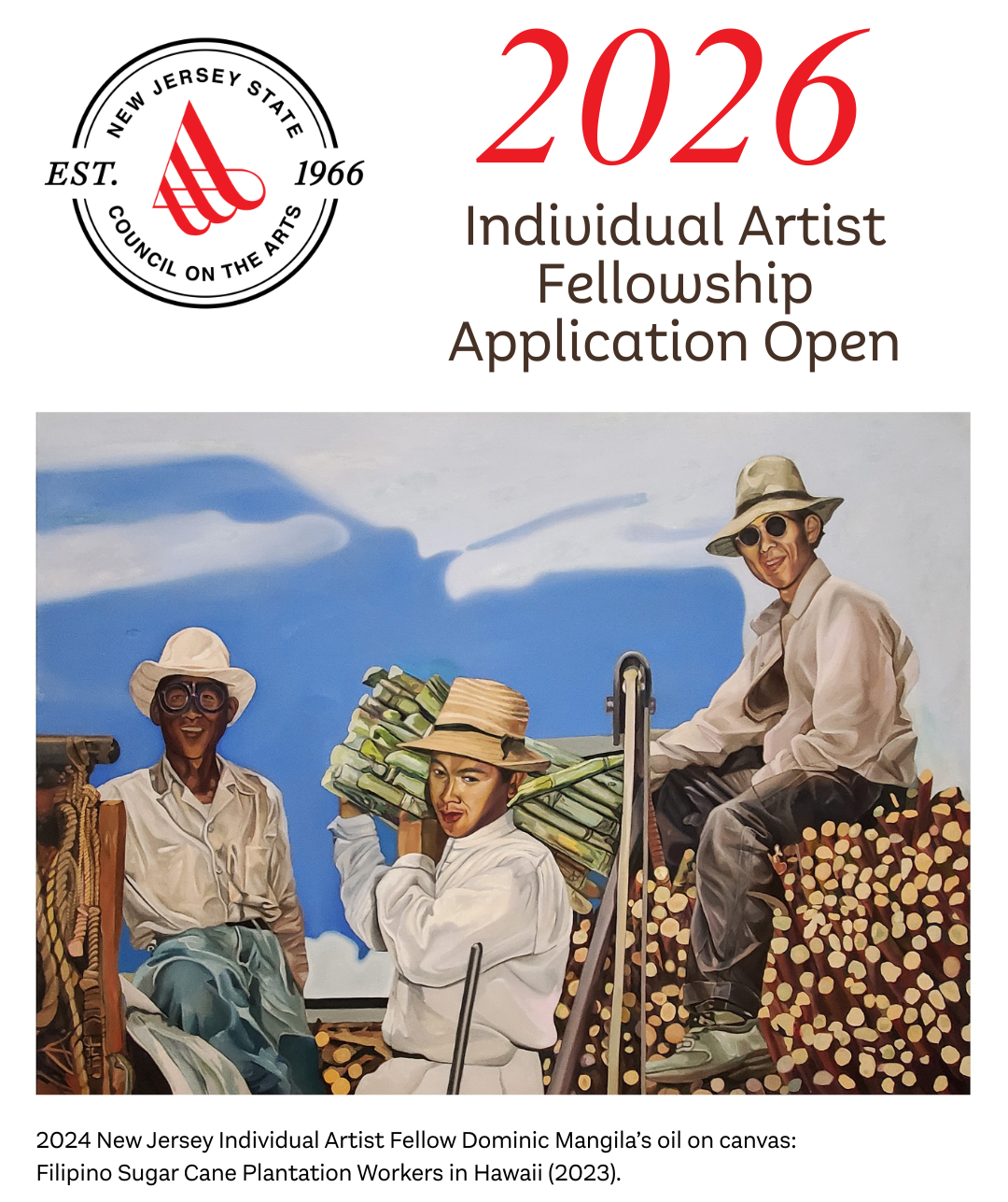 A painting of smiling farm workers under a blue sky with clouds.