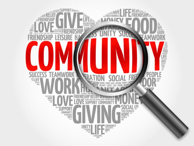 Community word cloud with magnifying glass, concept