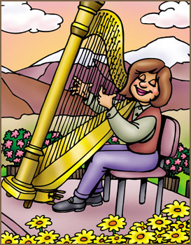 harpist in flowers