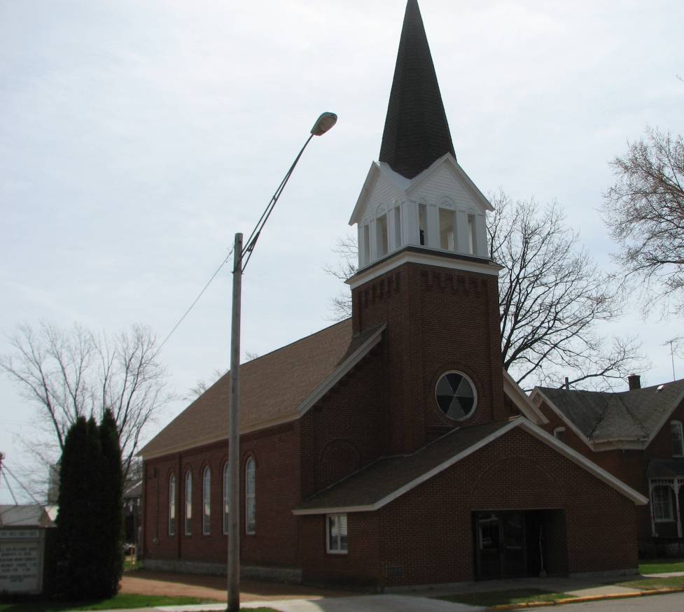 Brick church white steeple