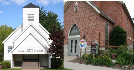 2 church buildings one brick one white painted