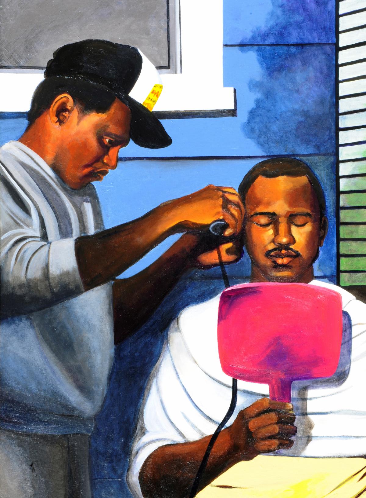 Backyard Barber Shop 40in x 30in acrylic on canvas 2019 Cousin Clifford the day before the wedding