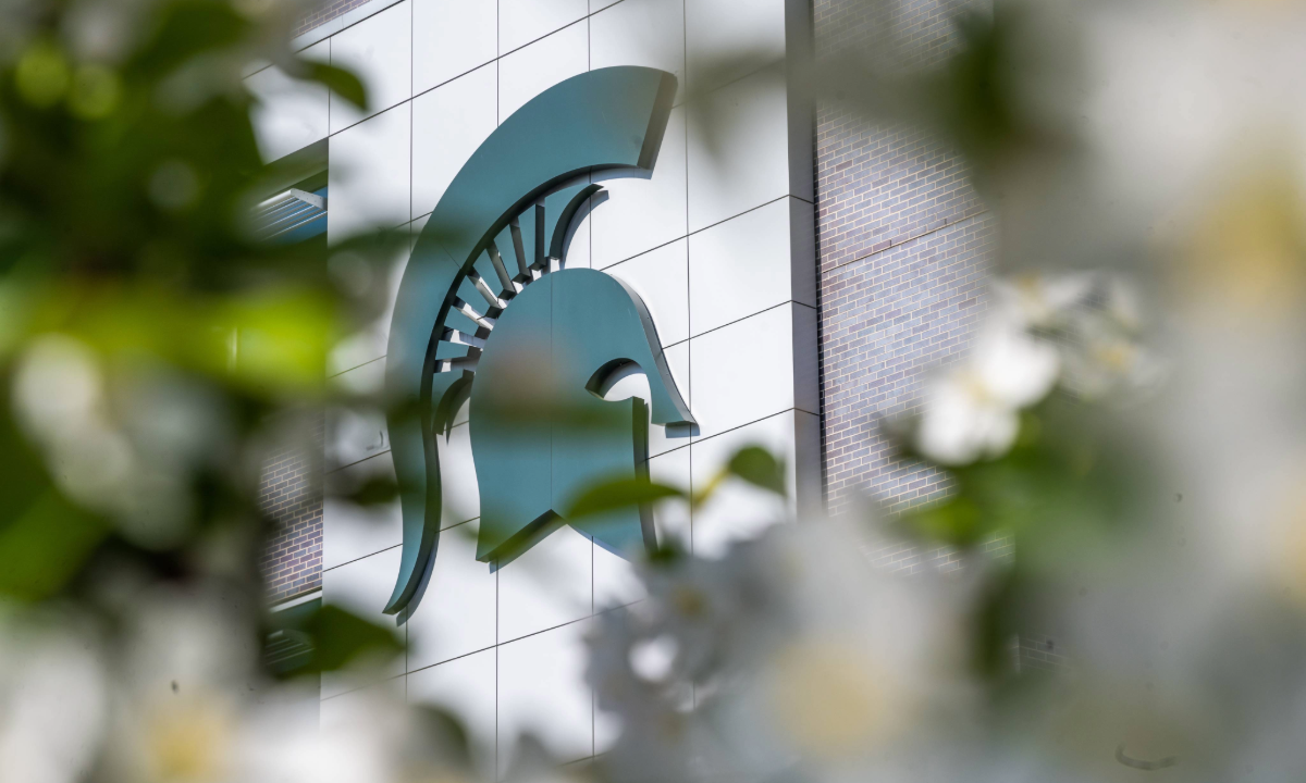 Spartan helmet on the side of a building seen peeking out between spring flowers.