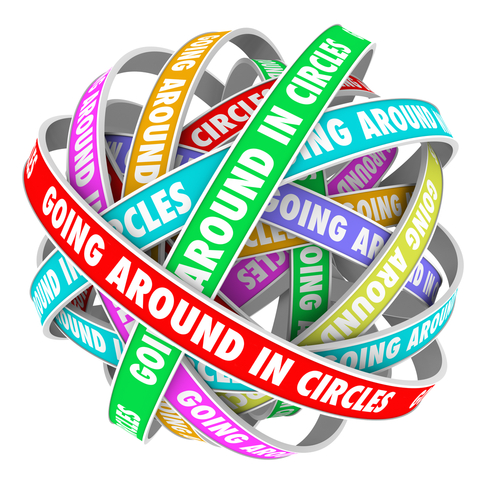 The words Going Around in Circles on colorful ribbons stuck in an endless repetitive circular pattern to illustrate being lost or confused
