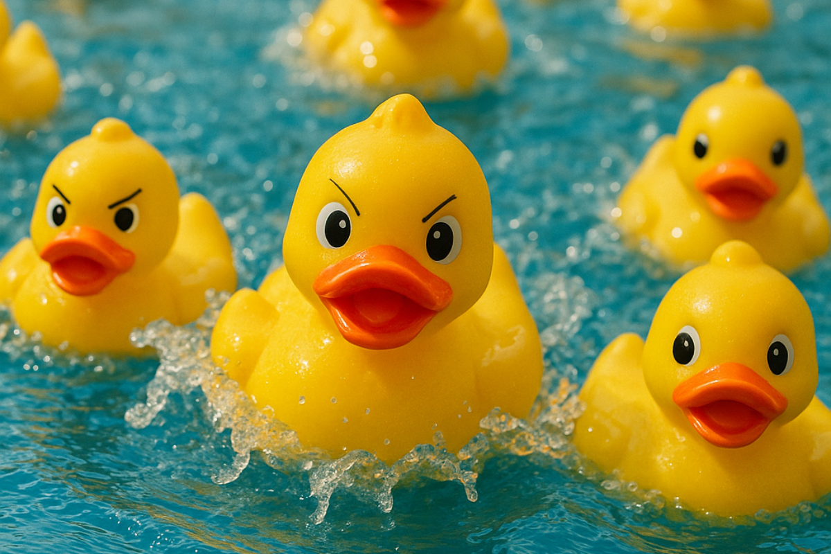 Stock photo of rubber ducks in a pool