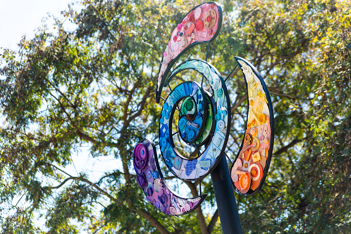 Photo of a kite installation part of the Kites Over Vista public arts program.