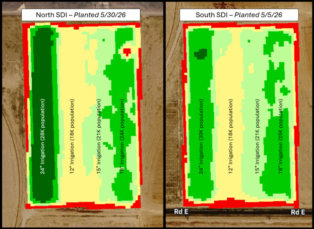 Figure 1: NDVI images for the north and south SDI fields. The images were taken on 7/23/2026.