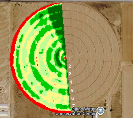 Figure 4: NDVI image taken on July 8th showing greater plant vigor in spans 5 and 7, where the PMDI was fitted.