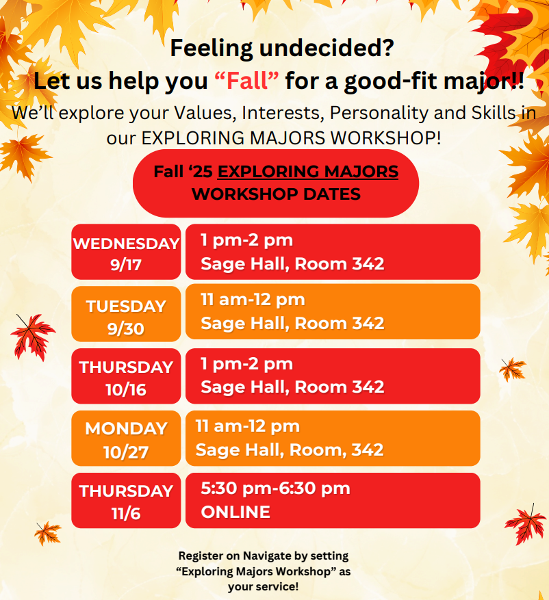 Fall '25 Exploring Majors Workshop Dates. Register on Navigate by selecting Exploring Majors Workshop as your service!