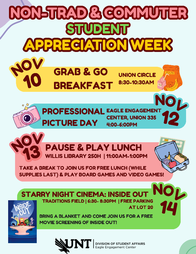 Nontraditional and commuter student appreciation week flyer.  