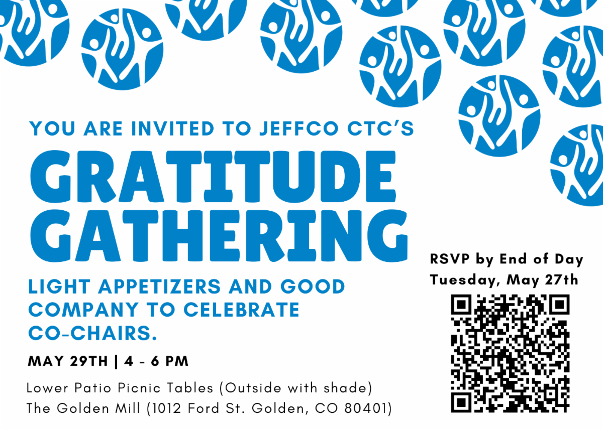 Decorative flyer for Jeffco CTC's Gratitude Gathering with details, a QR code to RSVP, and the blue Jeffco CTC logo