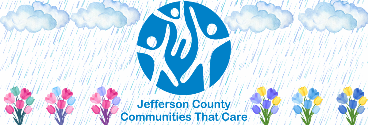 Decorative image with rain, clouds, flowers, and the blue Jeffco CTC logo. 