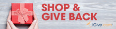 Graphic for iGive that says "Shop More Give Back" with an image of some hands holding a small pink box with a bow. 