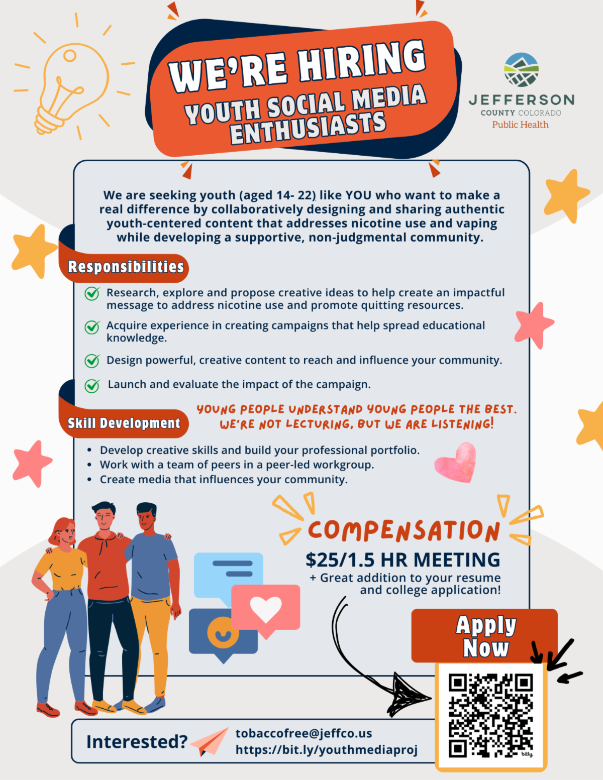 Flyer for an opportunity with Jefferson County Public Health. Opportunity is hiring youth social media enthusiasts. 