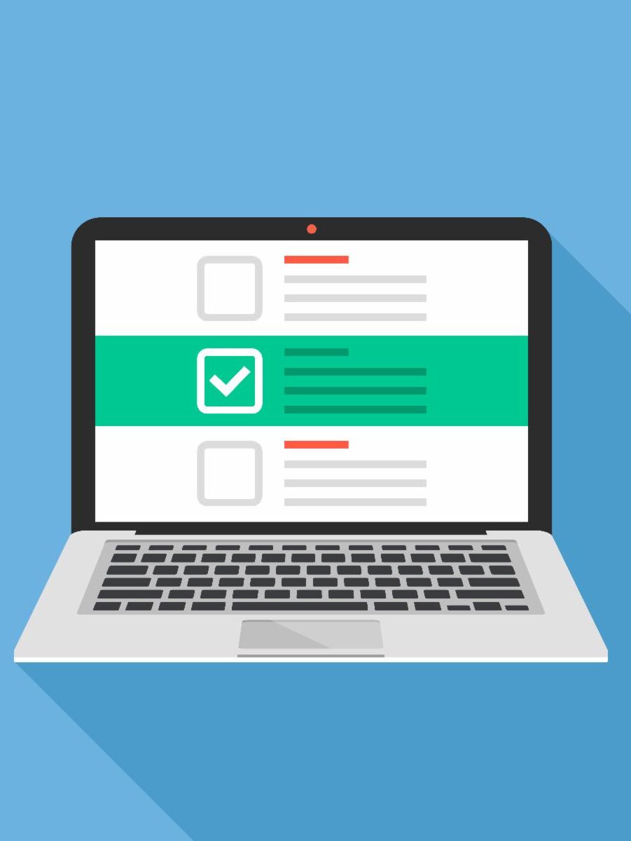 DE training with a graphic of a laptop that has three text sections on the screen with check boxes and one of them is highlighted in green