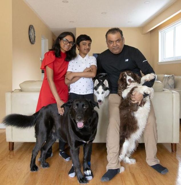 Boy standing between a man and woman with three dogs peeking out