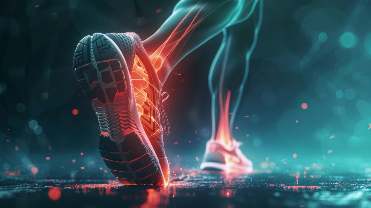 AI-generated image of lower legs and feet walking, with bones highlighted