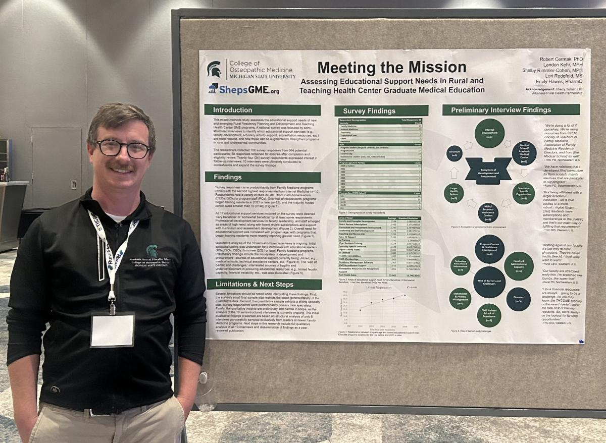 Bob Cermak, PhD shared preliminary results from his research, Meeting the Mission: Assessing Educational Support Needs in Rural and THC GME. 