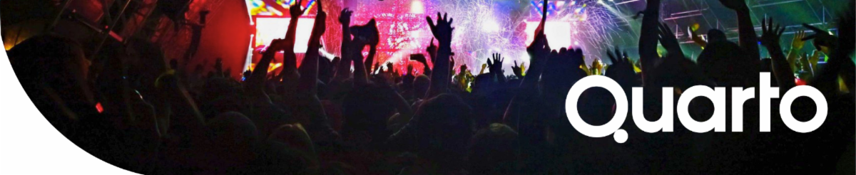 Quarto logo in front of colorful lights and crowd at concert