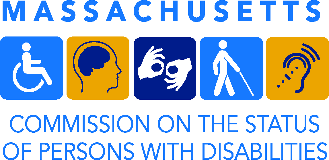 Logo for the Massachusetts Commission on the Status of Persons with Disabilities. The image has a white background with the name of the commission in blue text. 5 icons representing disabilities are in the center of the image in blue yellow and white. 