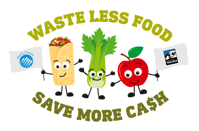 Waste Less Food Save More Cash with characters of a burrito, celery and apple