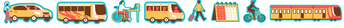 Graphics of commute options: bus, train, bike, walk, work from home, carpool, vanpool