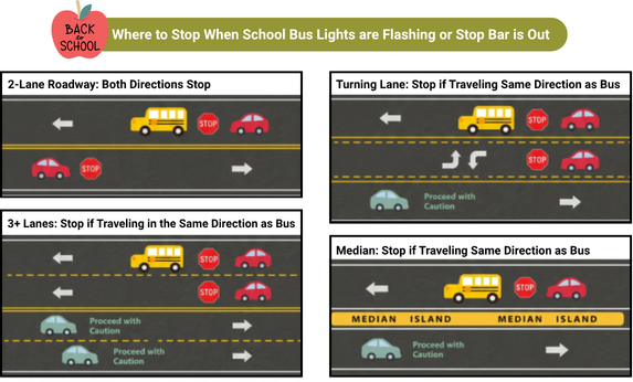 Where to Stop When School Bus Lights are Flashing or Stop Bar is Out. 2-Lane Roadway: Both Directions Stop. 3+ Lanes: Stop if traveling in the same direction. Turning lane: Stop if traveling in the same direction as bus. Median: Stop if traveling same direction as bus.