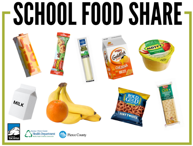 Items for a school food share table or box like fruit, pretzels, applesauce, and string cheese.