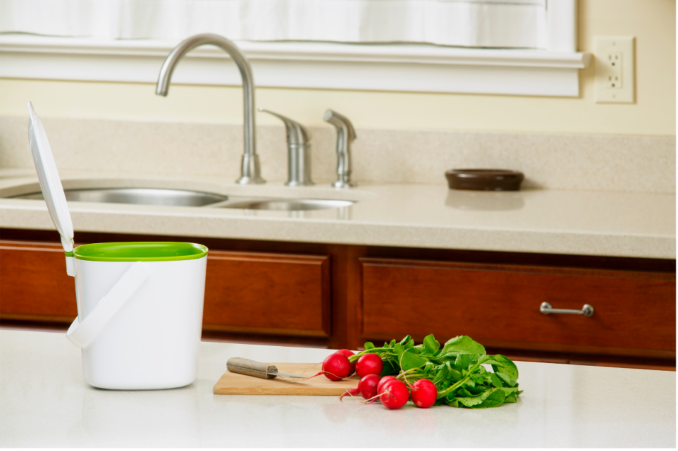 Kitchen counter with a bin and vegetables on it