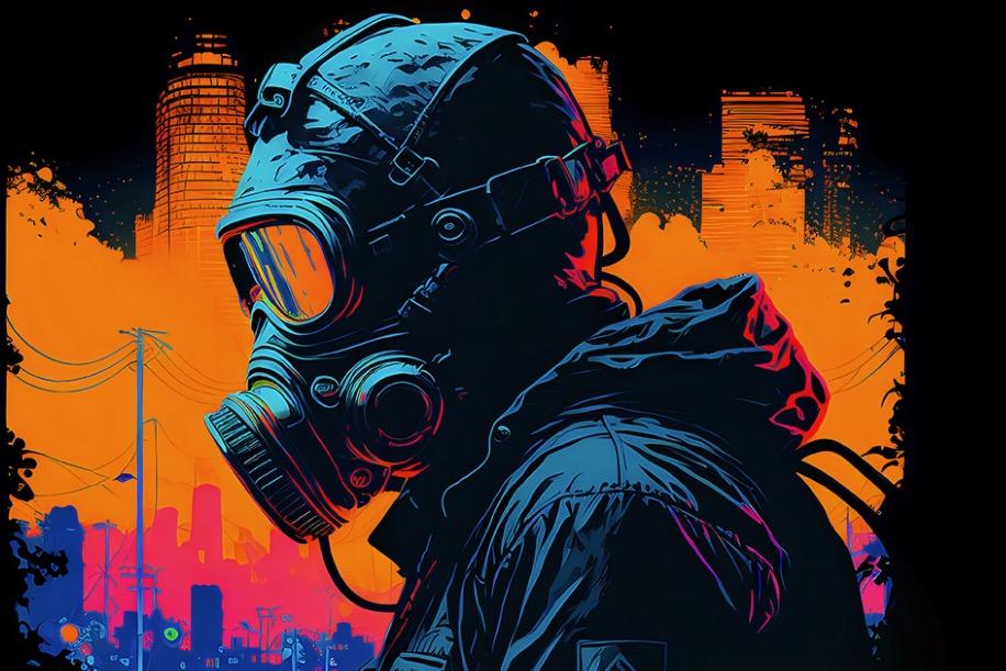 Emergency worker with gas mask