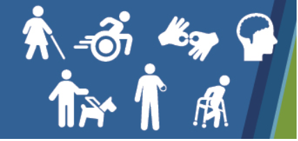 White pictograms on a blue background depicting various disabilities or persons with disabilities. 