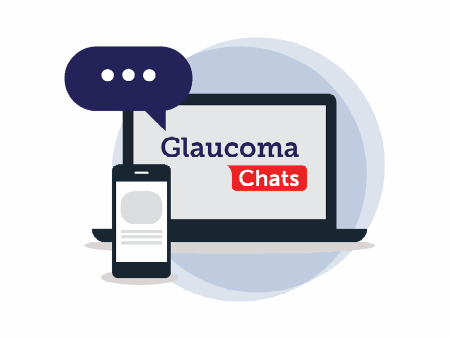 Laptop with the Glaucoma Chats graphic, a speech bubble with 3 dots, and a smartphone. 