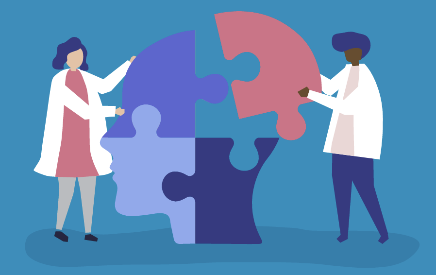 2 illustrated health care providers putting together puzzle pieces to make a human head. 