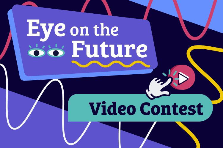 NEI Eye on the Future video contest graphic featuring a cartoon hand tapping a video play button.