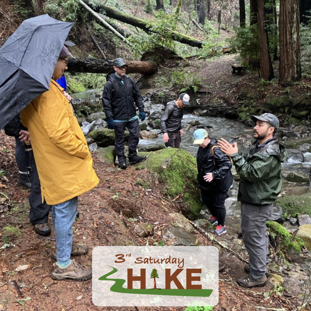 Photo of hike attendees talking about fish with RCD with the 3rd Saturday Hike logo.