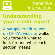 Graphic that reads "A sample credit report on CHFA’s website  walks you through what to look for and what each section means."