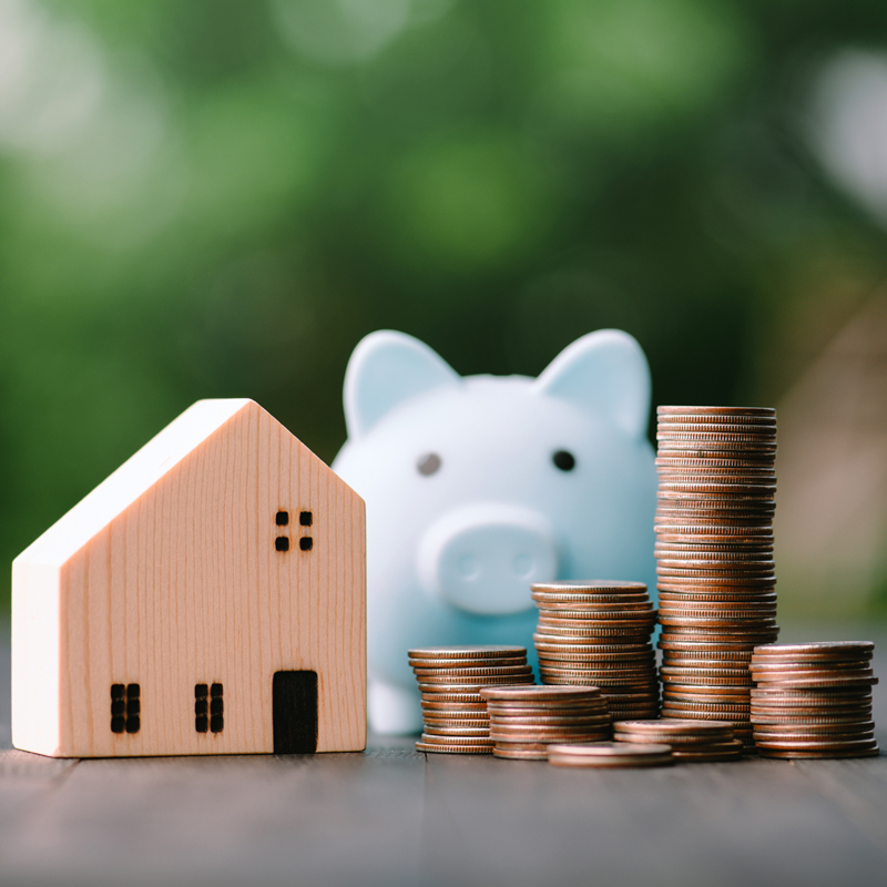 a photo of a small wooden house, a piggy bank, and stacks of coins