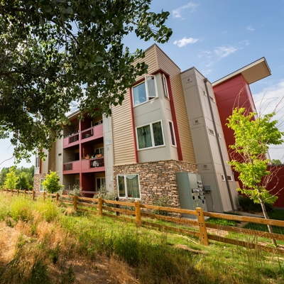 An exterior photo of a multifamily building with a tree in front. 