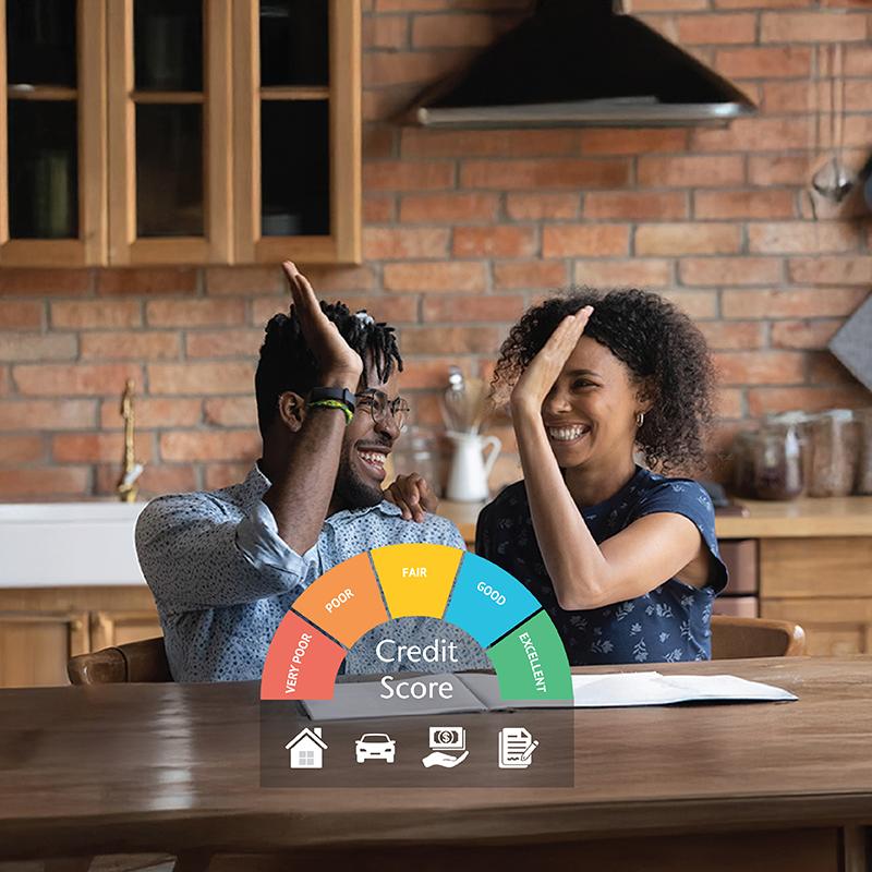 Two people high fiving with a graphic of credit scores superimposed.