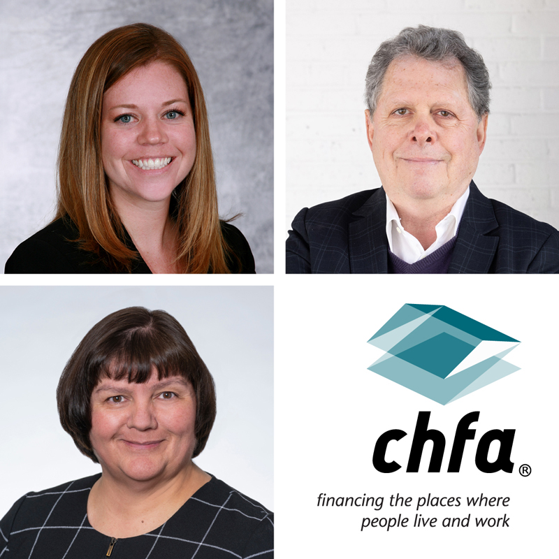 A collage of three people's headshots and the chfa logo