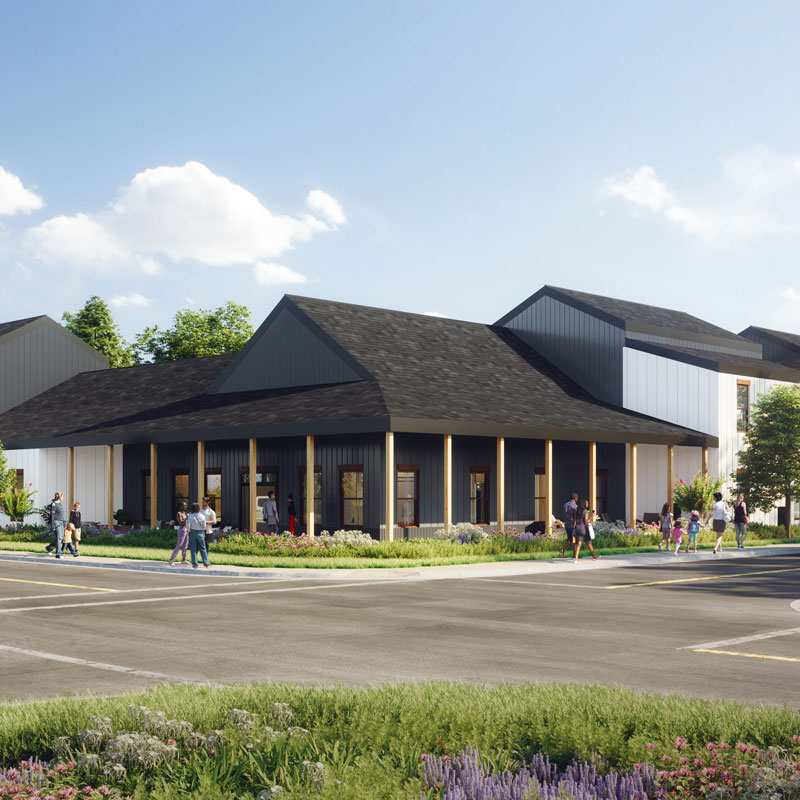 Rendering of a dark roofed multifamily building