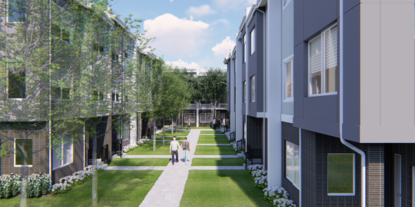 a rendering of a sidewalk in a courtyard between two multifamily buildings