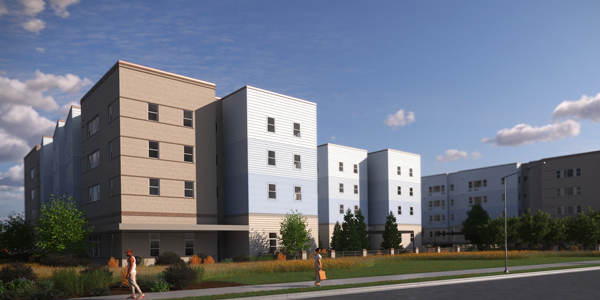 a rendering a tan and white multifamily building against blue sky