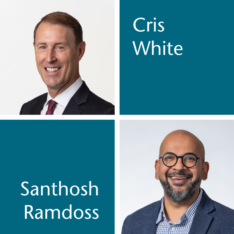 A split image of two men with text that read Cris White and Santhosh Ramdoss