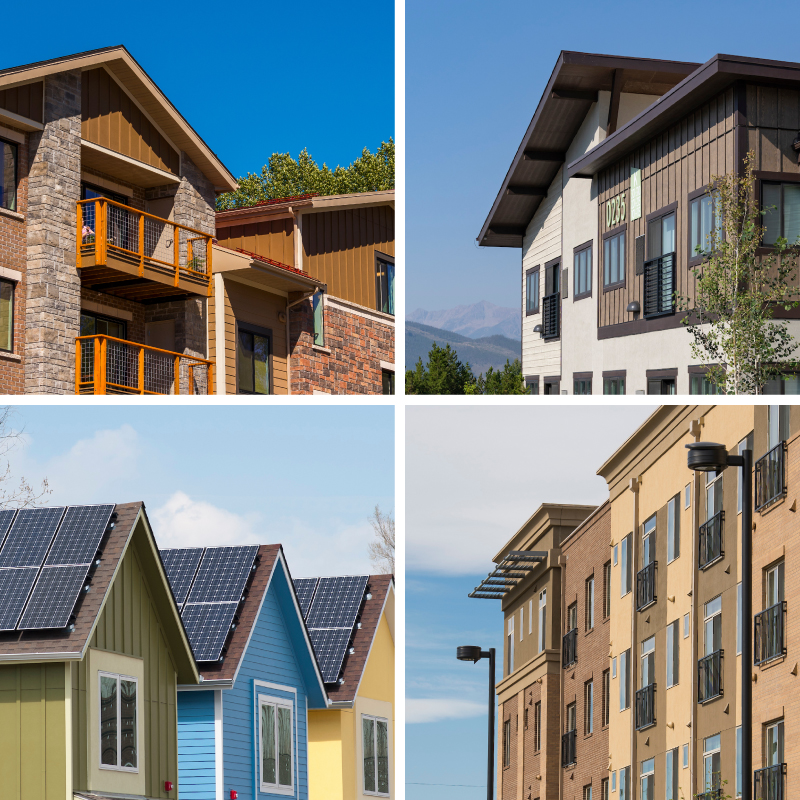 a Middle-income Housing Tax Credit (MIHTC) imagery of multifamily housing in four squares