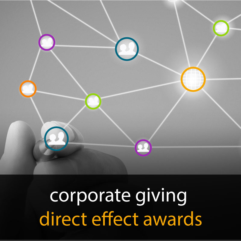A web of icons being drawn by a hand and text that reads corporate giving direct effect awards