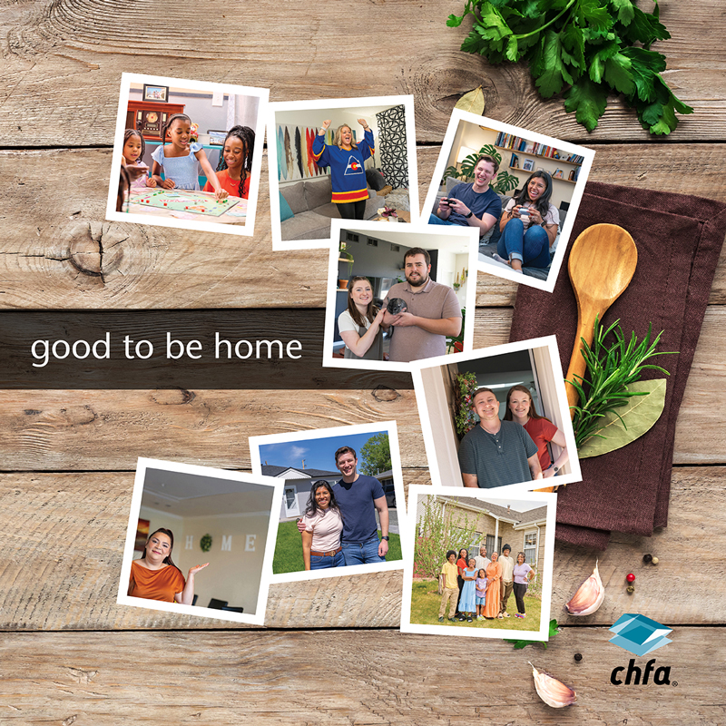 A collage of photos on a wood background with text that reads good to be home