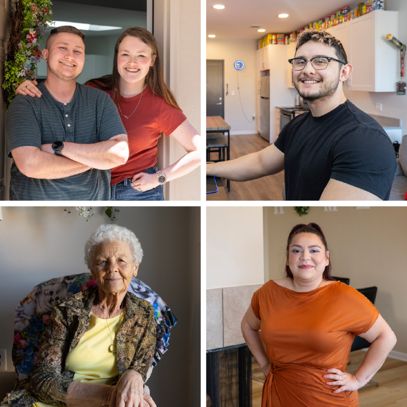 A collage of four photos of people in different settings